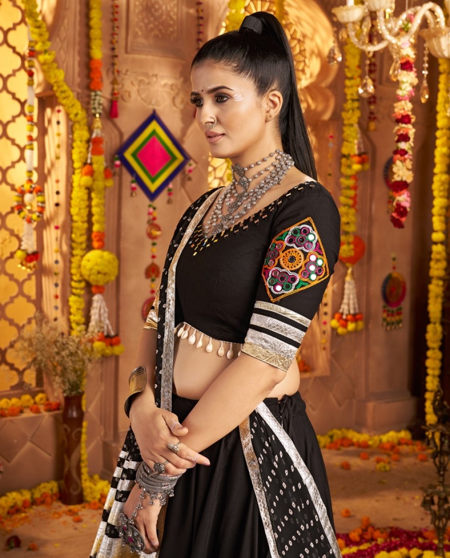 11004 - Delicate Black Mirror Work Viscose Rayon Lehenga Choli With Dupatta